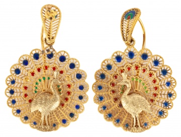 Indian Gold and Enameled Peacock Earrings
